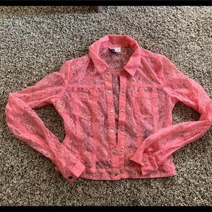 Bright Pink Lace Button Up Shirt